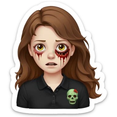 crie uma garota com ferimentos zoombie cabelo ondulado 2c longo castanho e blusa polo básica preta sticker