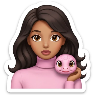 light brown skin tone, very beautiful woman, with big plump lips, long long lashes, black wavy long hair, brown eyes, light pink turtle neck sticker