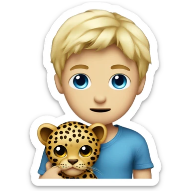 blue eye blonde boy holding stuffed leopard with a frown sticker