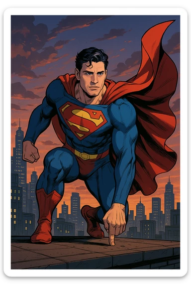 David Corenswet as Superman, landing pose, fist to ground, cape billowing, city skyline background, modern comic book style sticker