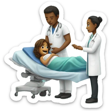 a woman gives birth and doctors stand nearby sticker