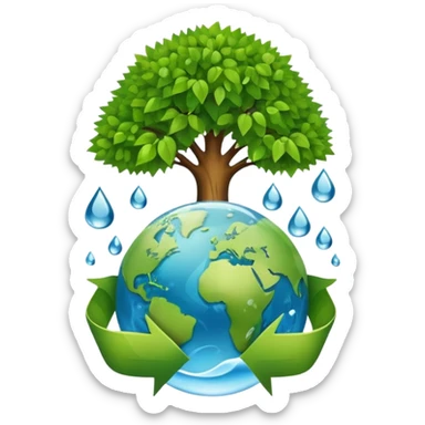 An icon featuring a tree, a recycling symbol, and a globe, representing ecology. The design includes green leaves, a water droplet, and wildlife, symbolizing the study of ecosystems, sustainability, and environmental protection. Transparent background. sticker