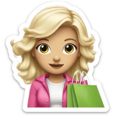cute platinum blonde with green eyes wearing pink surrounded by pink shopping bags sticker