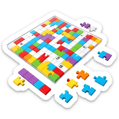 A photorealistic icon with a colorful, fragmented crossword magazine, a 3D puzzle, and a partially completed puzzle on a table. Bright, detailed design with realistic lighting. Transparent background, clearly symbolizing puzzles and brain games. sticker