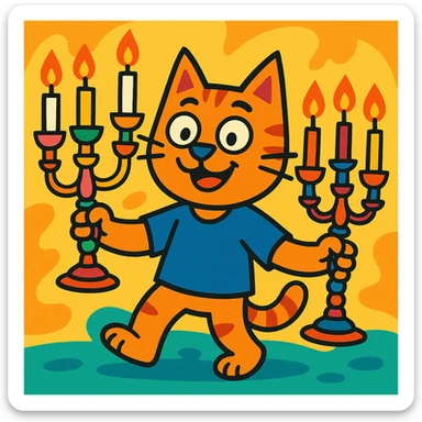 whimsical and clear composition of a cat holding three ornate lamps, each lamp has three arms sticker