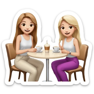 "Cartoon emoji of a girl with long, straight light brown hair, fair skin, brown eyes. Wearing a stylish white top and chic pants. Sitting at a café table, laughing and smiling, full of joy. Next to her, two friends: one blonde, one with black hair, one with brown hair. Smooth, simple, stylized sticker