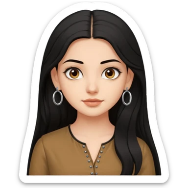 a pretty bratz fair girl with long black hair, kajal under eyes, small silver hoop. brown kurti on sticker