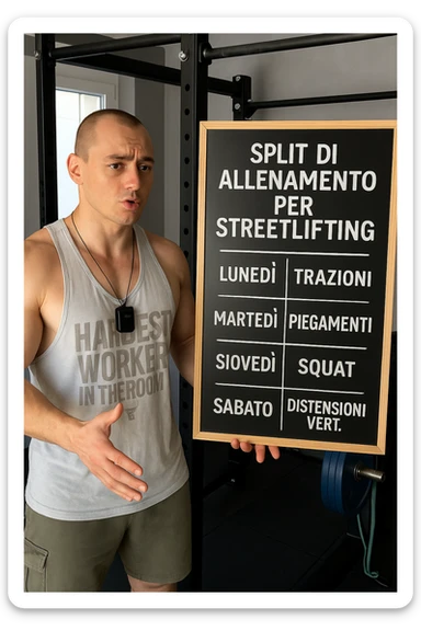 uomo che spiega alla lavagna la "Split di Allenamento" per lo streetlifting. tutto in italiano sticker