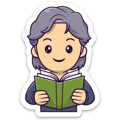 smiling English teacher with airtouch hair and grey-green eyes holding a stack of books and papers sticker