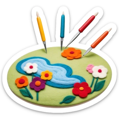 Felt art creation icon, layers of colorful felt being carefully shaped with felting needles into a large picture or decorative design, visible hand tools like felting needles, no finished artwork, just the process of felting, minimalistic style, clean lines, transparent background. sticker