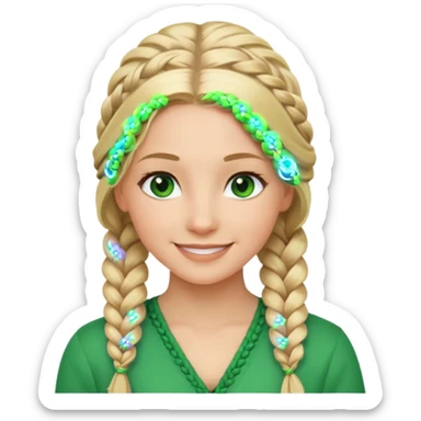 woman, long blond hair,green eyes, smiling, braid to the side sticker