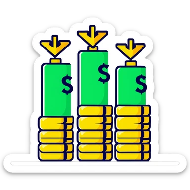 green upward arrow next to three stacks of gold coins in ascending height sticker