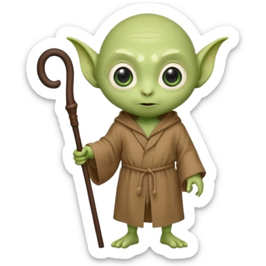 cute little green alien with bald wrinkly head, big oval eyes, giant ears, short and stout body, wearing a brown robe and holding a short walking stick or cane sticker