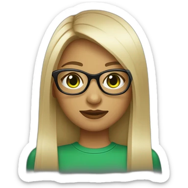 une fille avec de long cheveux noir lisse , des yeux vert , et avec des lunette (en forme de carrer un peu déformé) assez grosse comparer a ça tête , portant un pull noir sticker