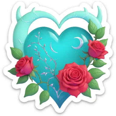 gothic heart made of teal glass, silver crescent moon, glowing mint green roses, holographic stardust, neon white lightning, drenched and splintered glass sticker