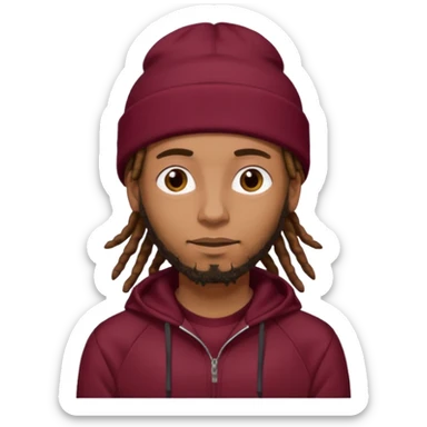 Animate a caramel skinned male with brown dreads and a tan colored  beanie with a burgundy tracksuit on with no beard  sticker