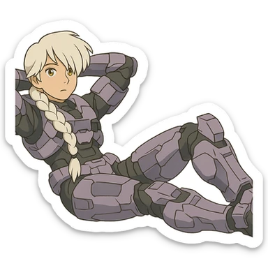 female, wearing reach spartan armor shoulder-unequip, long white braid hair with massive messy front side single bangs, gold yellow eyes, attention pose, HALO:series, no helmet, the armor is lavender color scheme, laying back and relaxing flat on the ground sticker