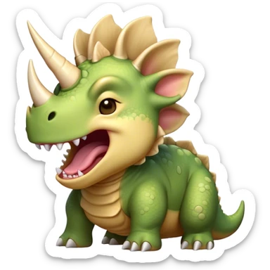 Cinematic Cute Yawning Triceratops Portrait Emoji, Head tilted slightly with a dramatic, wide-open yawn, showcasing a robust, horned body with a frilled head and sleepy, half-closed eyes, Simplified yet irresistibly cute features, highly detailed, glowing with a soft, cozy prehistoric glow, high shine, relaxed yet expressive, stylized with a dash of whimsical ancient charm, soft glowing outline, capturing the essence of a drowsy yet affectionate Triceratops that appears ready to stretch and yawn its way out of the screen! sticker