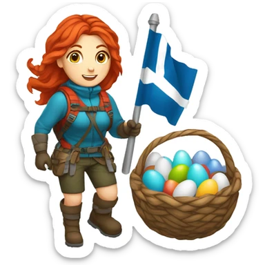 Female winter mountaineer red hair white skin climbing with Greek Flag and Easter eggs basket sticker