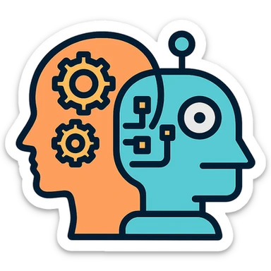 icon with two overlapping silhouettes one of a human head with gears representing strategy and the other of a robot head with digital elements representing AI showing their connection in a modern outlined style sticker