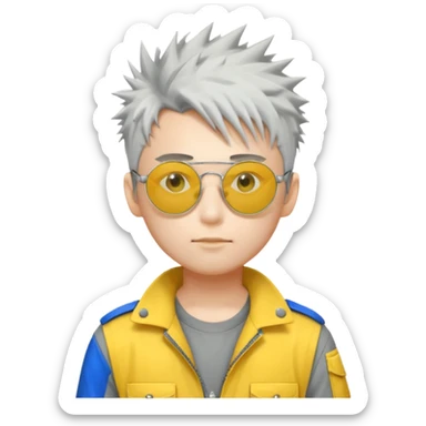 A japanese guy with white messy spiky hair circle sunglasses wearing a uniform gray and a yellow button on the top right of the uniform gray pants sticker