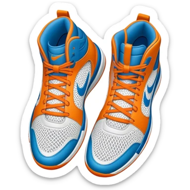 Cinematic Realistic image of a pair of basketball sneakers featuring detailed mesh and leather textures, vibrant color accents and dynamic design lines, illuminated by bold, high-energy arena lighting sticker