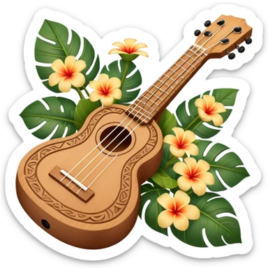 Ukulele with Polynesian carvings with flowers behind it sticker