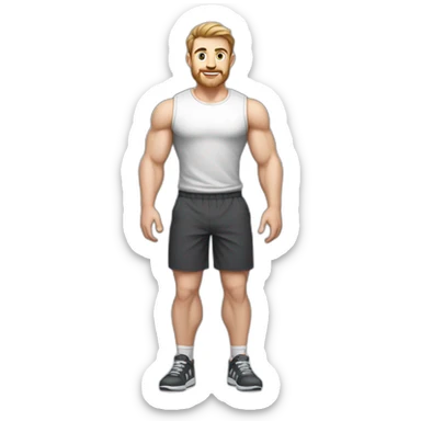 Full height Pale skinned fit man With biceps, Realistic eyes and mouth, light brown hair and stubble In dark gray sleeveless mike, black oversize sports shorts, watch and white sneakers. sticker