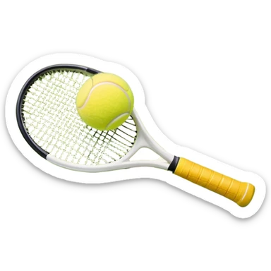 A tennis racket with a bright yellow tennis ball resting on it, set against the backdrop of a well-maintained tennis court. The scene emphasizes the smooth lines of the court and the focus on the ball and racket, symbolizing the elegance and precision of the sport sticker