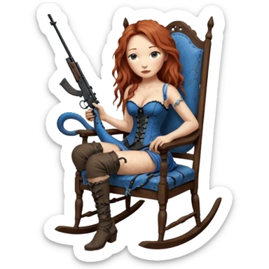 realistic cinematic Tori Amos sits on a rocking chair in a torn corset, holding an antique rifle and her bare feet are muddy. A blue snake is wrapped around the chair. sticker