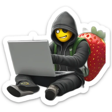 a guy with a strawberry head wearing a thief's outfit, he's in front of a laptop with a mask over his eyes and a thief's cap, on his back he has a yellow thug bag with a dollard sign on it. sticker