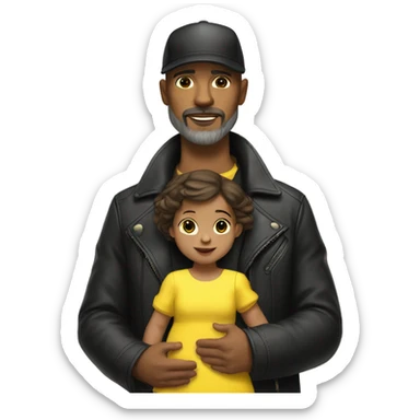 White-skinned man with stubble, gray beard, brown hair, black eyes, black Reebok cap, leather jacket, holding infant girl in yellow dress with yellow bow. sticker