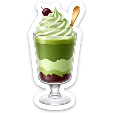 Japanese matcha parfait in a glass, with layers of green tea ice cream, and whipped cream sticker