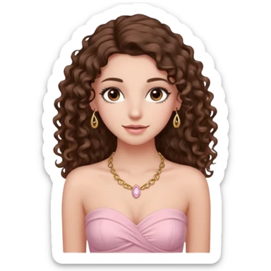 crée moi une jeune fille très belle avec les cheveux bouclés long brune avec un top  sans manche ni brettelles juste un 'bandeau' de couleur rose clair avec un peu de maquillage et des beauxcils un collier en or sticker