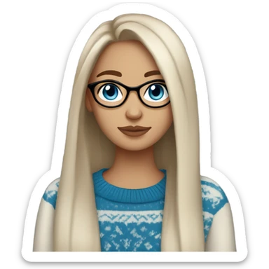 light skin, dark brown hair, blue eyes, long straight hair, girl wearing aesthetic sweater, glasses sticker