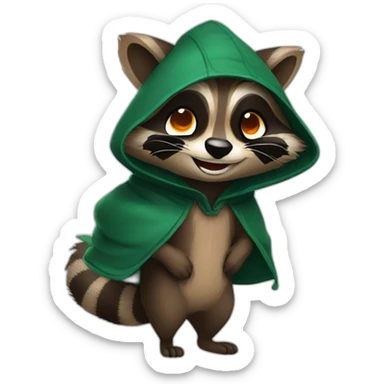 brown raccoon with orange eyes and a dark green hood that is laughing sticker