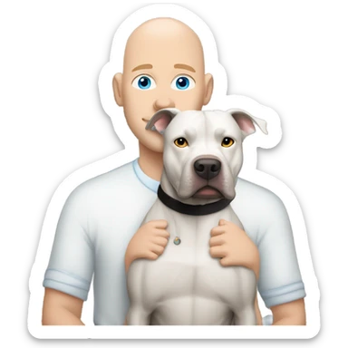 white bald man with blue eyes hugging large dark grey pit bull sticker
