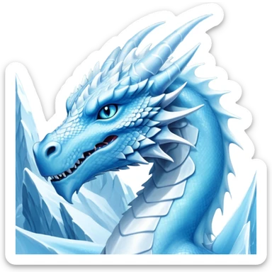 Cinematic Noble elegant Ice Dragon Portrait Emoji, Poised and imposing, distinct long elegant snout, with a slender, scaled body shimmering in glacial hues of icy blue, frostbitten silver, and crystalline white, breathing out frost, with piercing, glowing ice blue white eyes that radiate the chilling depths of an arctic storm; rendered in detail. excuding wisdom sticker