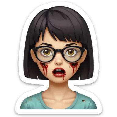 faça uma menina zumbi,com o cabelo curto,até o pescoço,franja,óculos pretos médios,olhos escuros,boca meio aberta e alguns machucados pelo rosto sticker