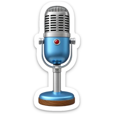 3D render of Elvis Microphone, vintage 1980s audio equipment aesthetic, tactile analog buttons, shiny silver metal grille with a blue handle, mixed wood grain and brushed aluminum textures, Apple emoji style, isolated on white background --v 6.0 sticker