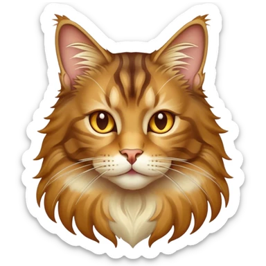 Cinematic Maine Coon Cat Portrait Emoji, Elegant and alert, sleek brown, gold, and cream tones, Simplified yet sharp features, highly detailed, glowing with a warm, confident glow, high shine, intelligent and poised, stylized with an air of grace, focused and attentive, soft glowing outline, capturing the essence of strength and grace, so lifelike it feels as though it could spring into motion with its majestic tail swishing at any moment! sticker