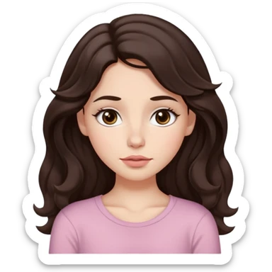 Aesthetic white girl with really long wavy/curly hair color dark brown, hair must be in front of the shoulders (hair in front of the shoulders). Big almond shape tired eyes color brown with dark circles, wide nose, natural lips, sweet expression. Dressed with a cute tight top color light pink. sticker