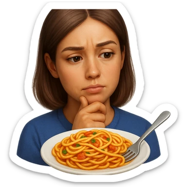 donna che guarda pensierosa un piatto di pasta, stile emoji iphone, iperrealistico 4k sticker