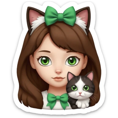 A black and white cat with green eyes she’s a girl she has a bow on her head she’s kinda fluffy  sticker