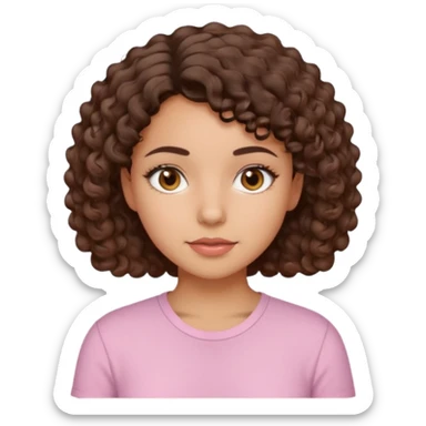 A Latina girl with brown eyes and short curly hair with a light pink shirt sticker