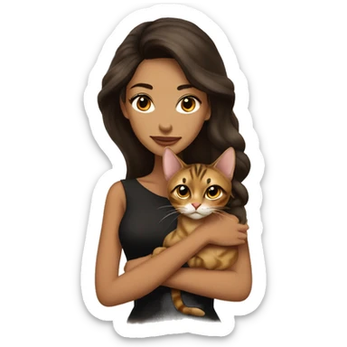 Beautiful skinny woman long dark brown hair in dark dress with gold earrings hug bengal cat sticker