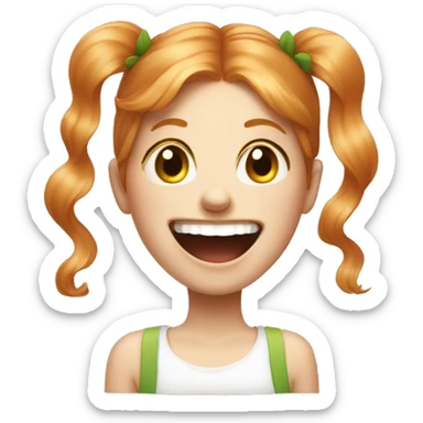 a girl with strawberry blond hair, a head shaped like a tictac, and freckles laughing uncontrolably sticker