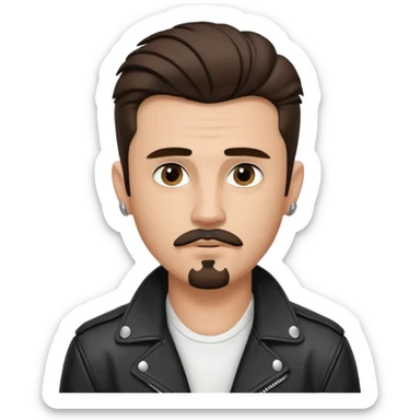 generate emoji style guy with slick James dean hair with front tendrils, mustache and goatee facial hair, wearing a white shirt and a black leather jacket , several silver piercings in ear, with dark brown hair and make eyes more almond shaped inspired by the image I shared sticker