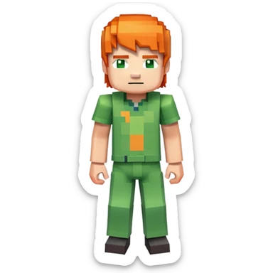 Minecraft Alex character full body with orange hair and green outfit, pixelated blocky style sticker