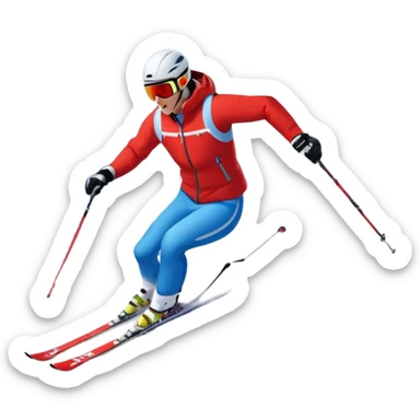 An icon featuring snowy peaks, pine trees, and a picturesque mountain landscape with a skier racing down a snow-covered slope. The sky is blue with soft clouds, capturing the thrill and beauty of alpine skiing. Transparent background highlights the excitement and serenity of winter sports. sticker